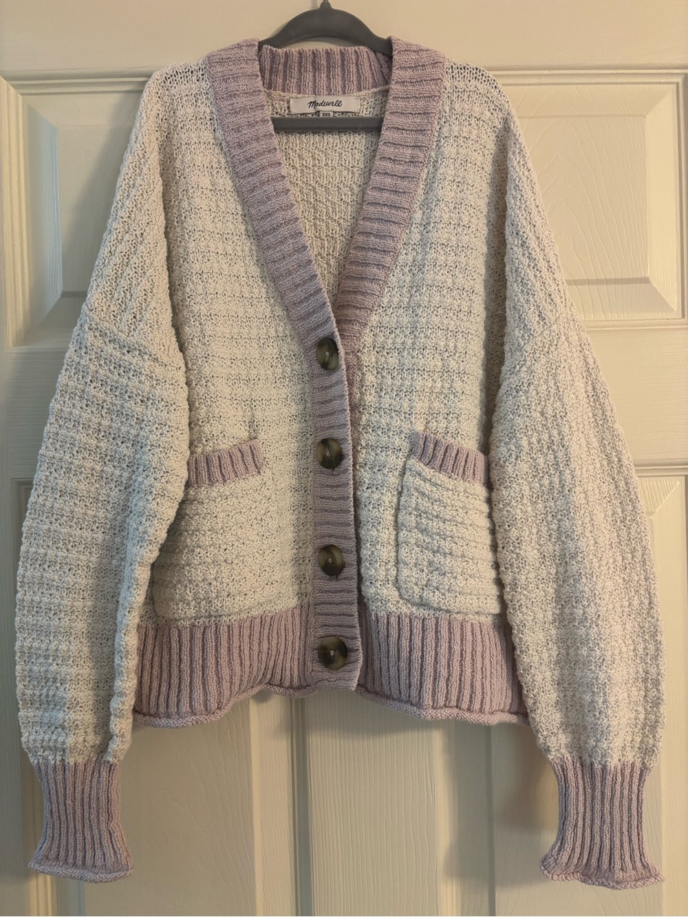 Madewell Madewell Seabrook Cardigan Sweater Cream with Lavender Trim - Picture 2 of 5